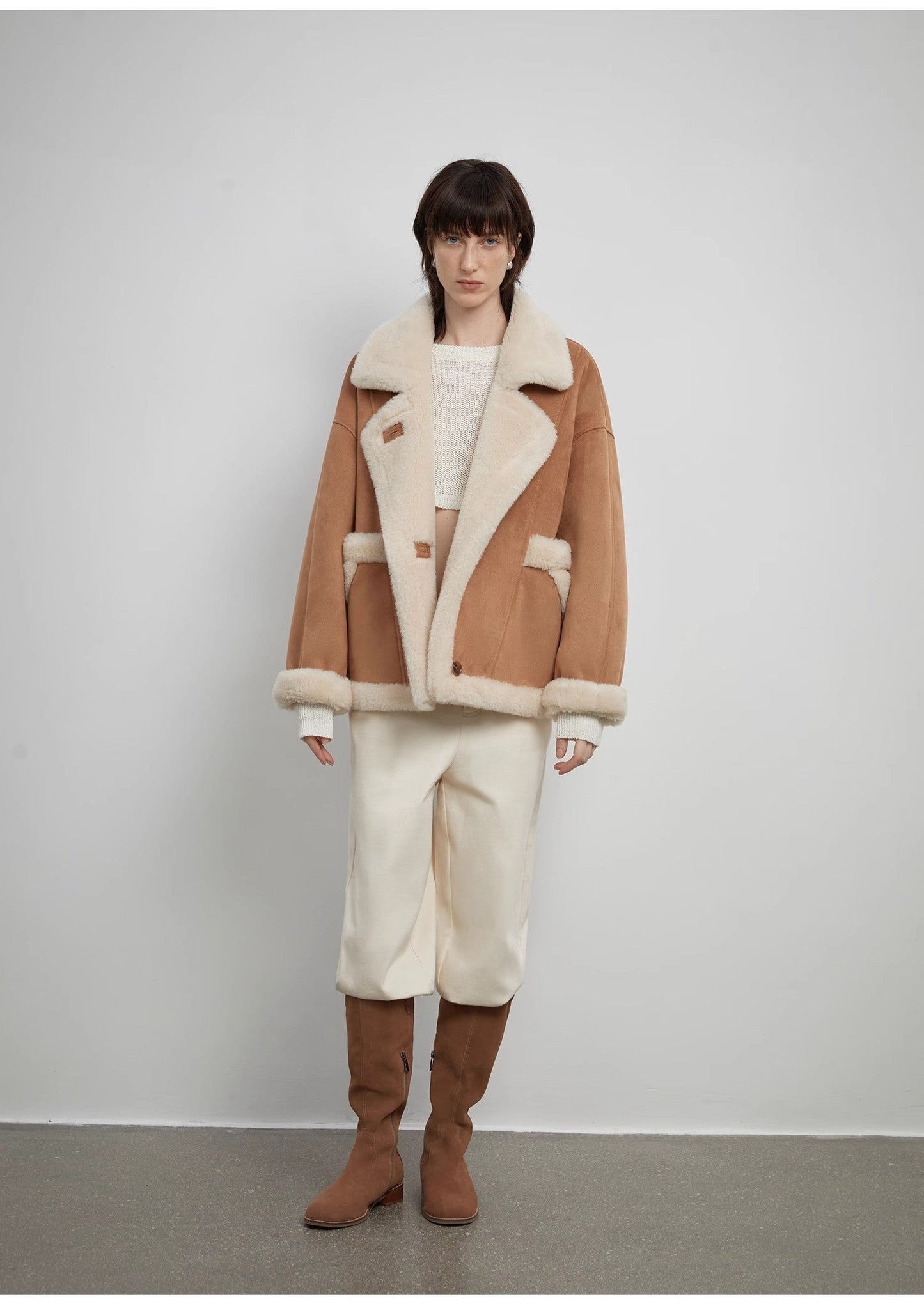 Manteau « Shepherds » à col montant, en laine et suède synthétique, pour femme