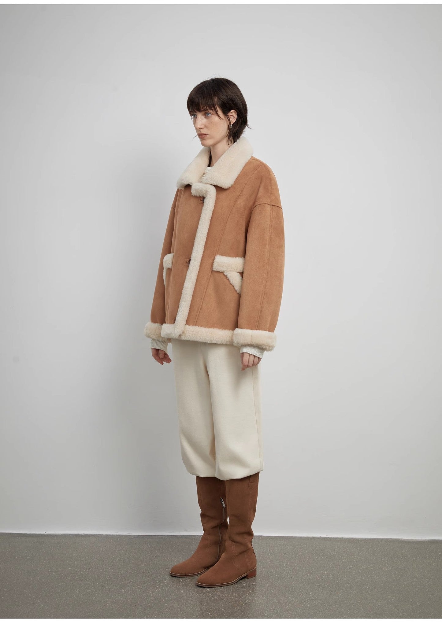 Manteau « Shepherds » à col montant, en laine et suède synthétique, pour femme