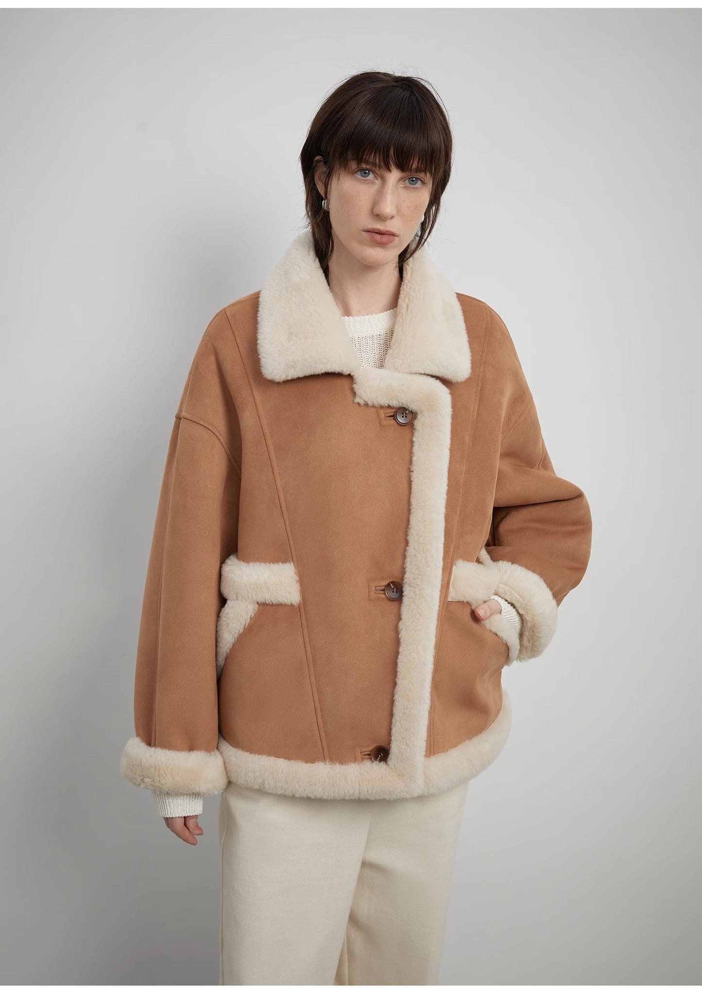 Manteau « Shepherds » à col montant, en laine et suède synthétique, pour femme