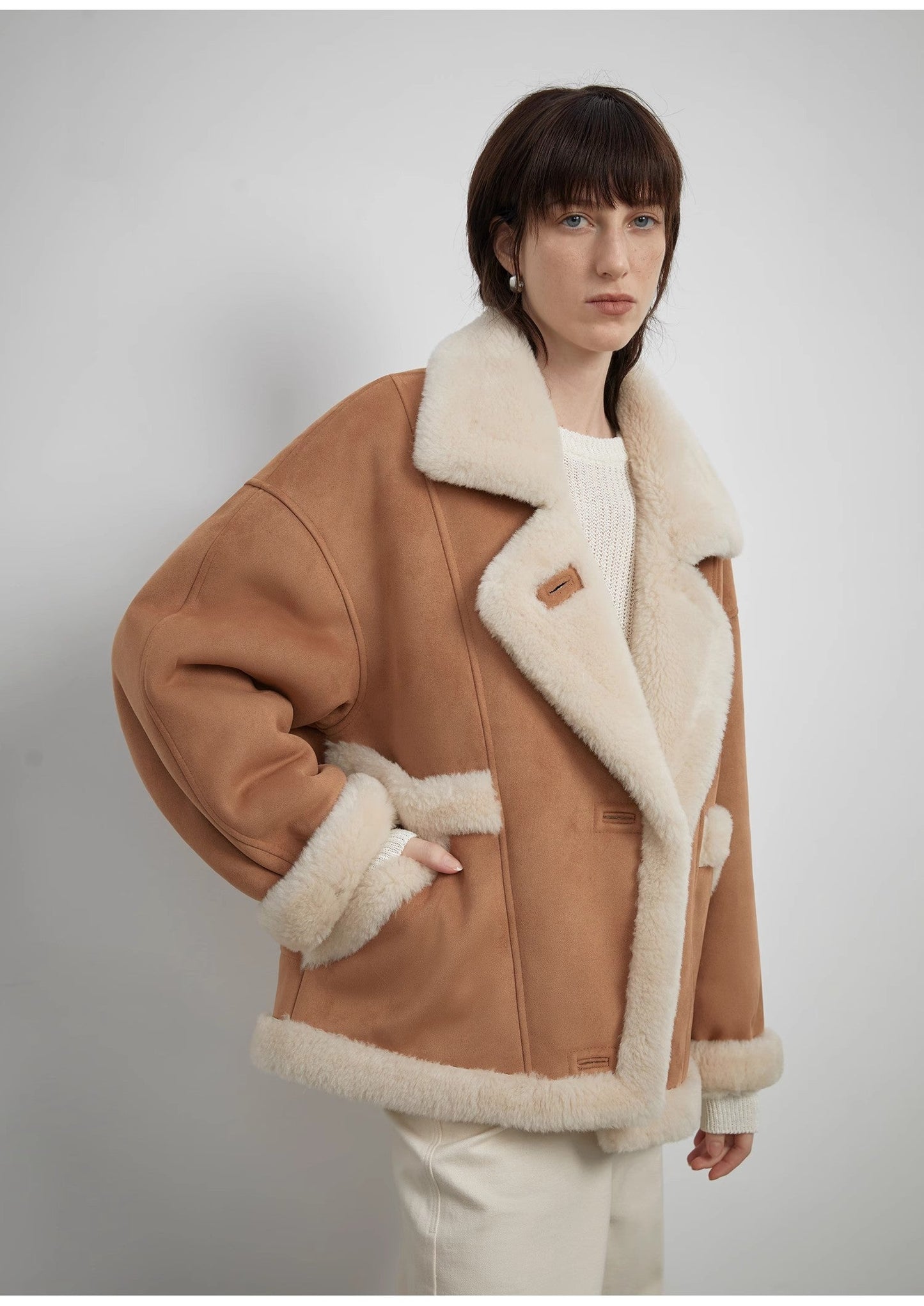 Manteau « Shepherds » à col montant, en laine et suède synthétique, pour femme