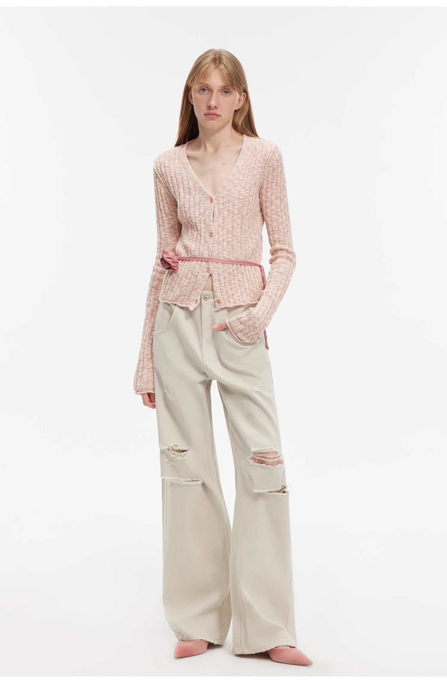 Cardigan court en maille fine à col en V, coupe ajustée, en coton et lin