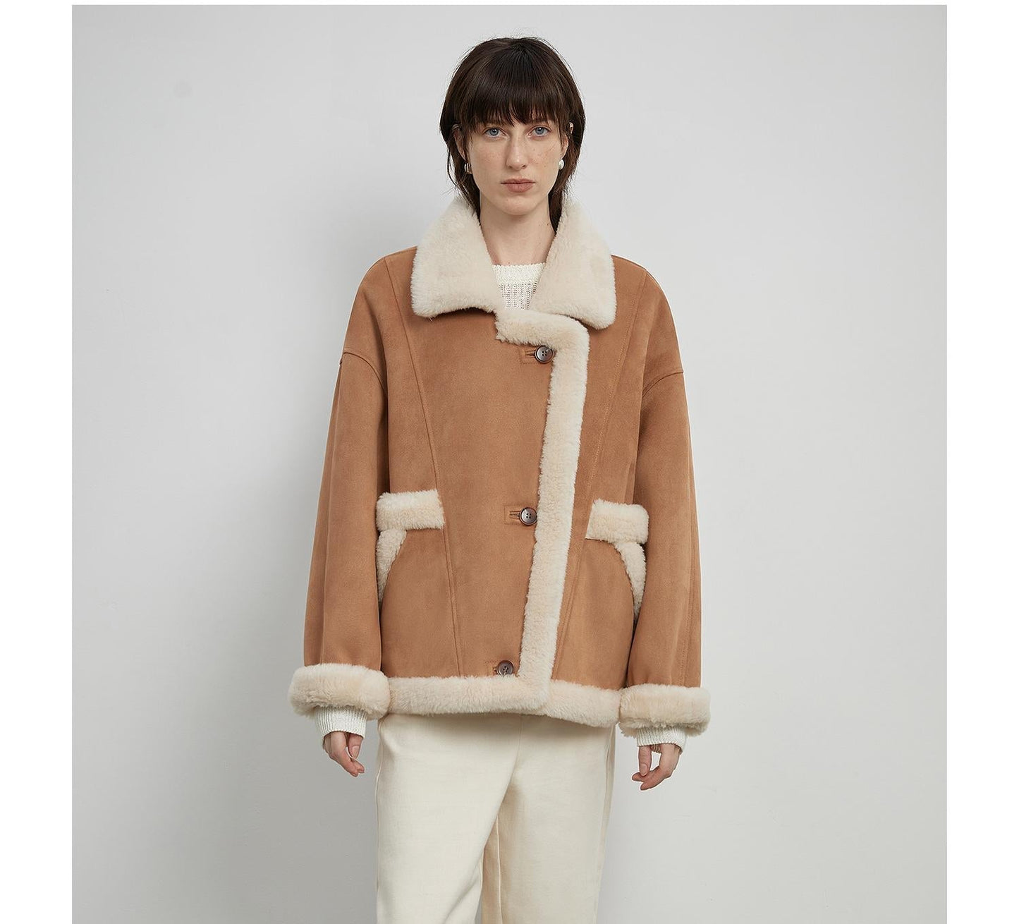 Manteau « Shepherds » à col montant, en laine et suède synthétique, pour femme