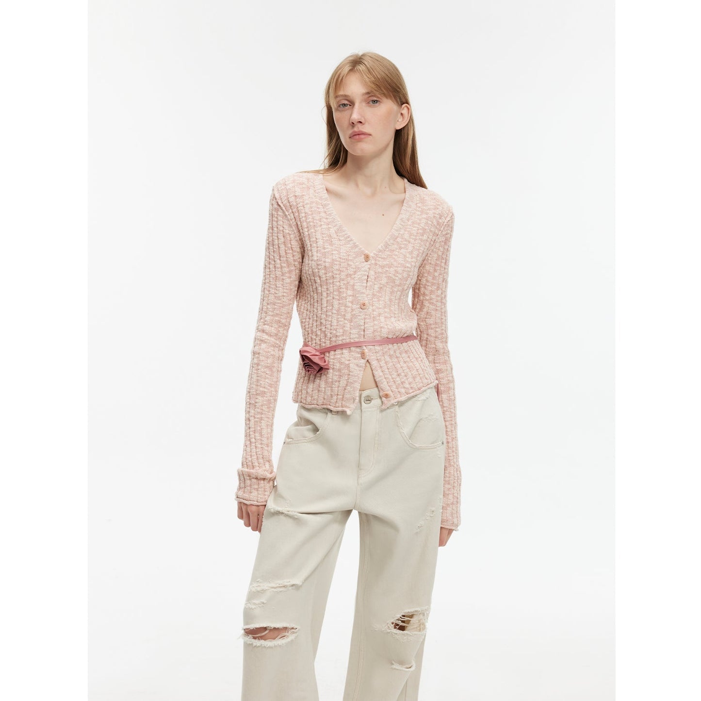 Cardigan court en maille fine à col en V, coupe ajustée, en coton et lin