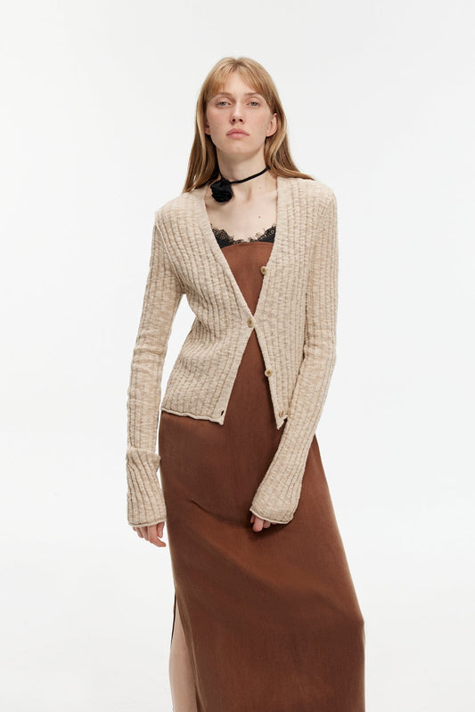 Cardigan court en maille fine à col en V, coupe ajustée, en coton et lin